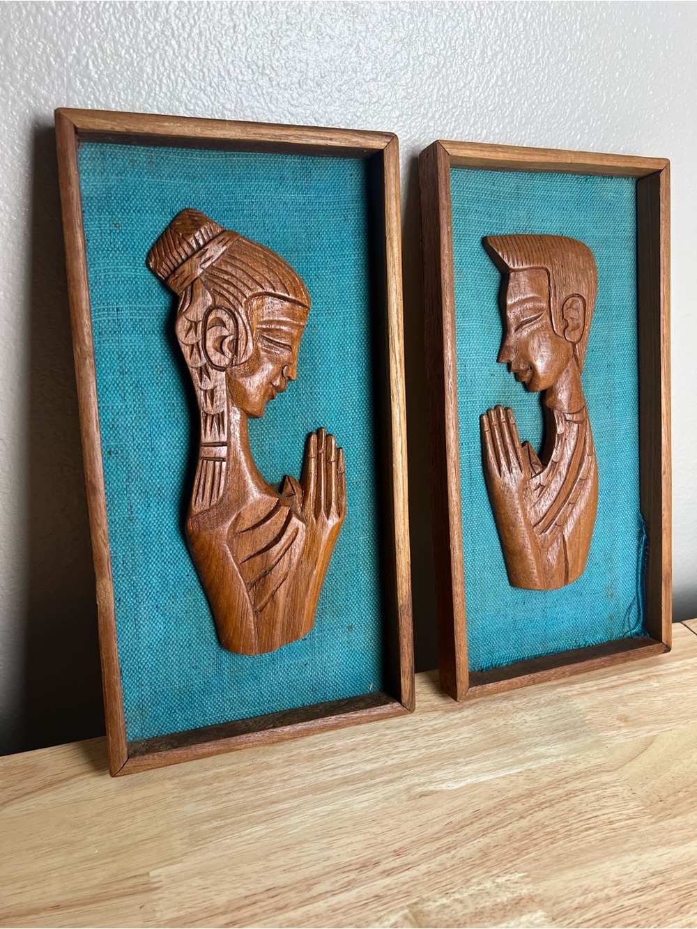 Vintage Carved Wood Praying Couple Wall Art Set